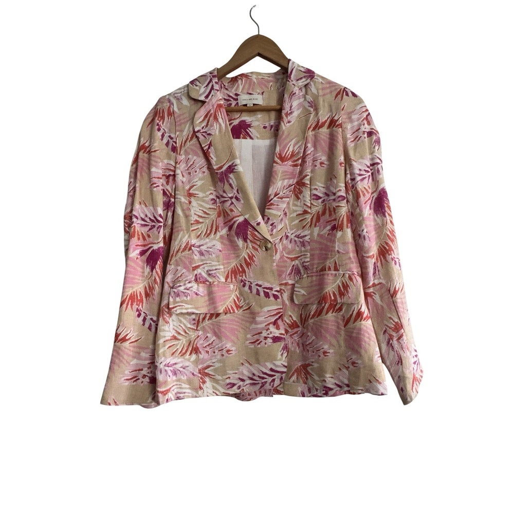 Skies Are Blue Blazer Open Front Small Tropical Artsy Office Cruise Linen Blend
